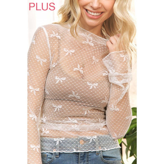 CURVY IVORY MESH BOW+DOTS HIGH NECK DESIGN LONG SLEEVE FITTED T