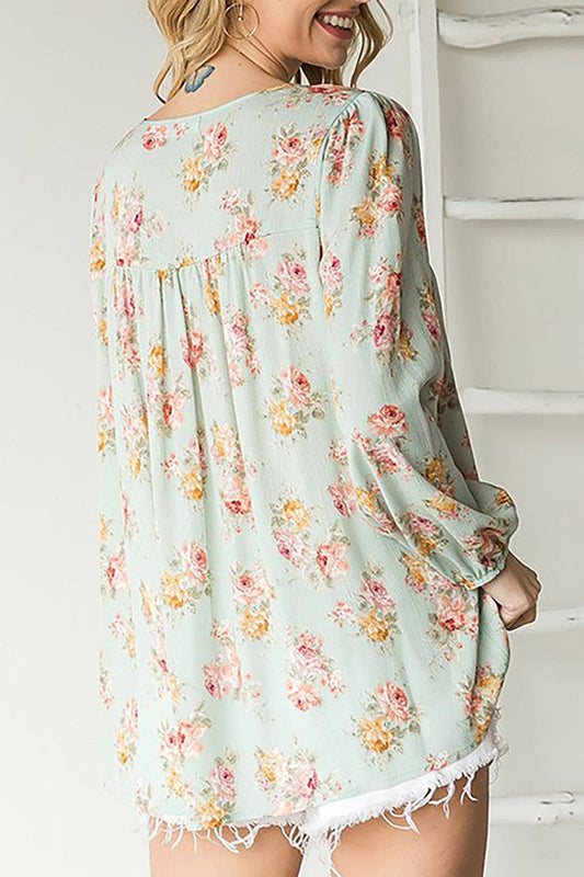 CURVY MINT FLORAL TIE DRAWSTRING ELASTIC CUFF LONG SLEEVE BLOUSE