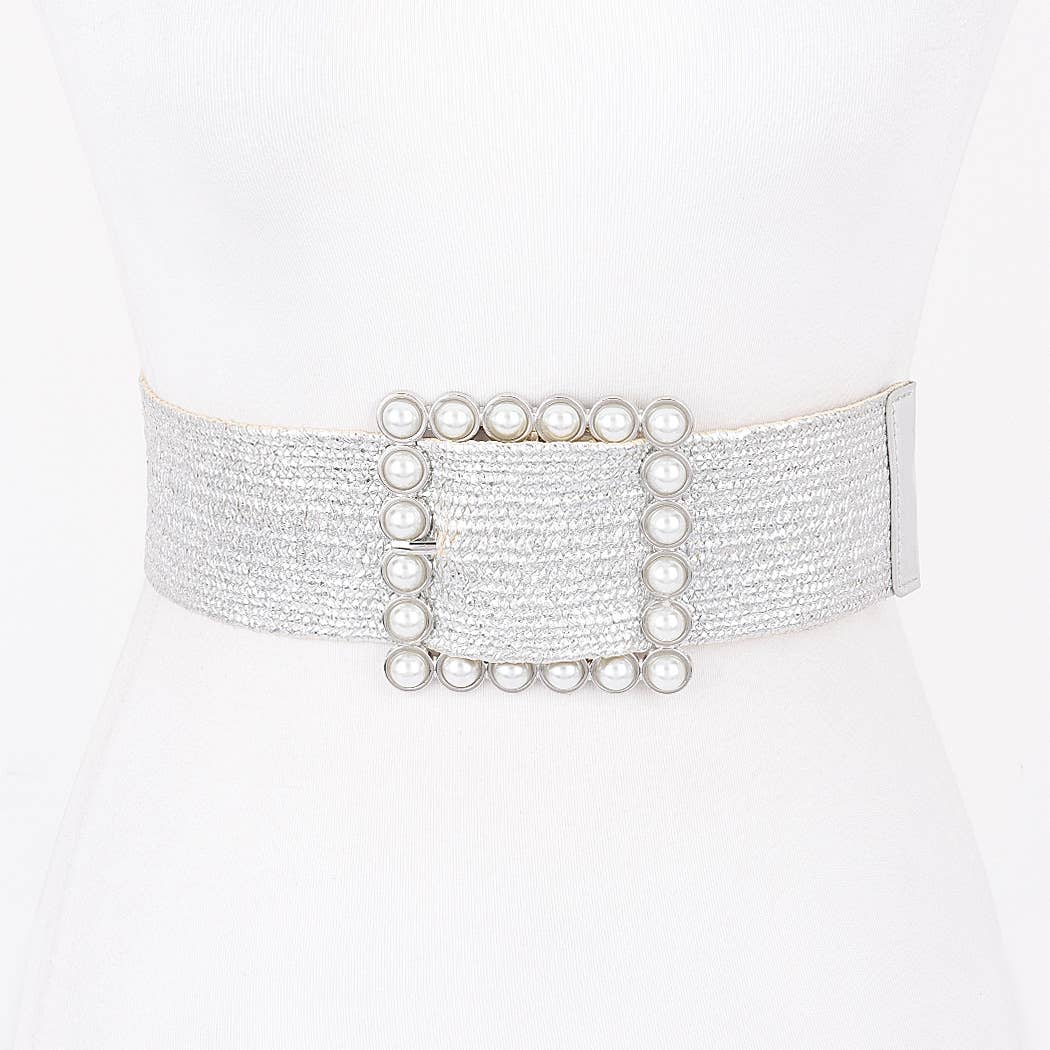 Natural & Gold Wide Pearl Buckle Elastic Belt