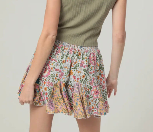 Godet Mixed Floral Print Shorts