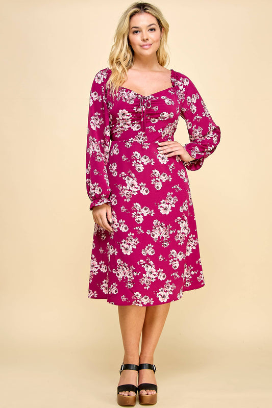 Curvy MAGENTA LONG SLEEVE MIDI CORSET DRESS