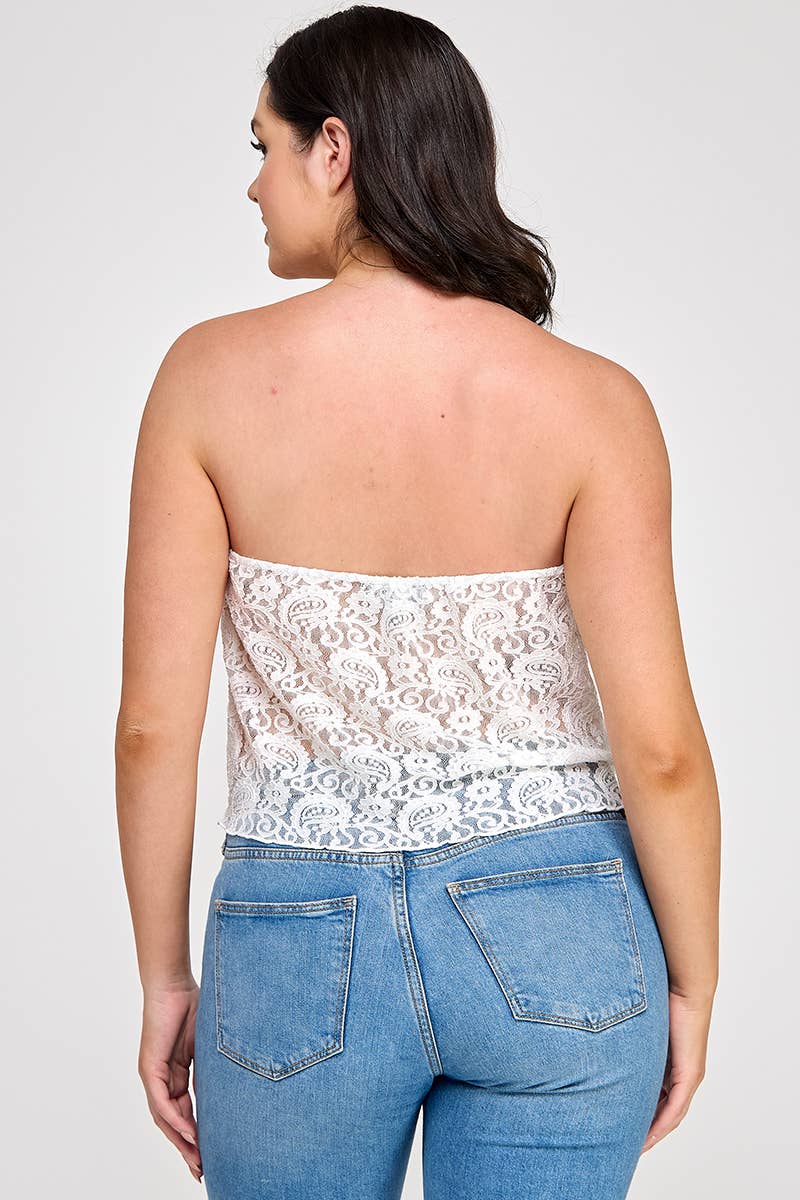 CURVY Whire Strapless Stretch Lace Bow Front Top