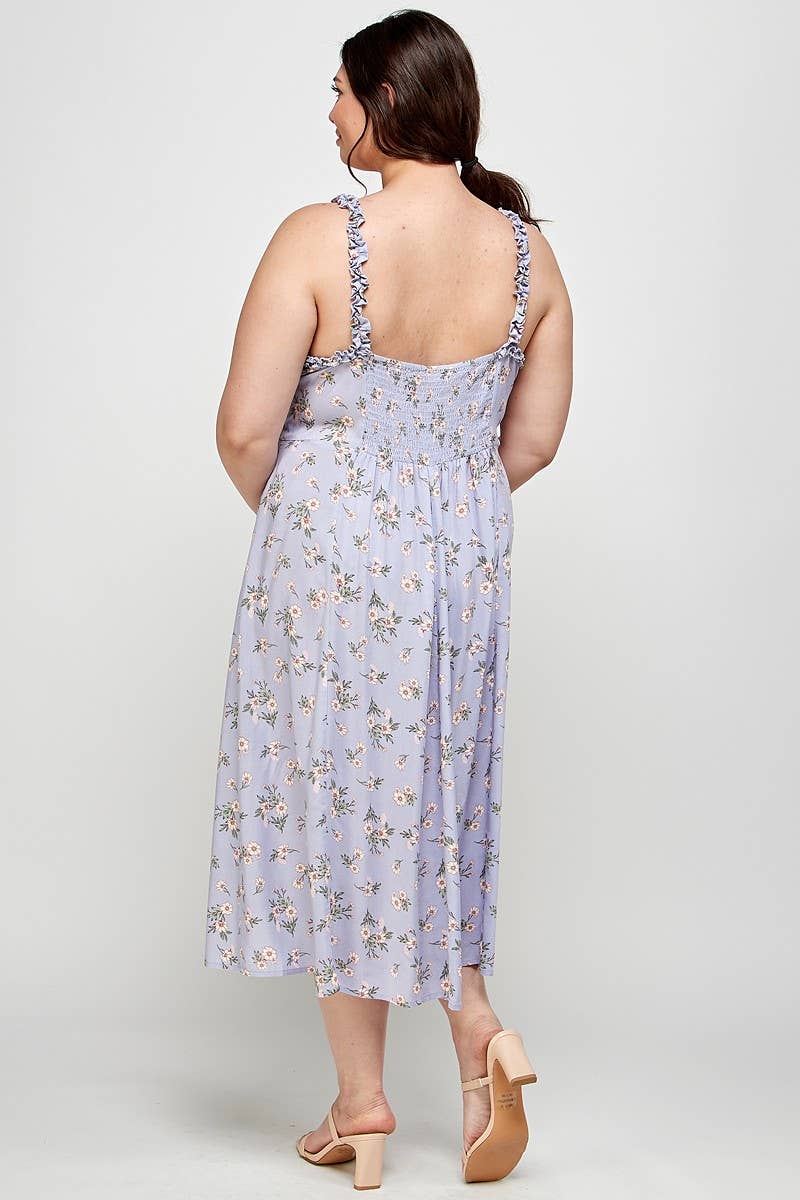 CURVY Lavender Floral Ruffle Strap Midi Dress