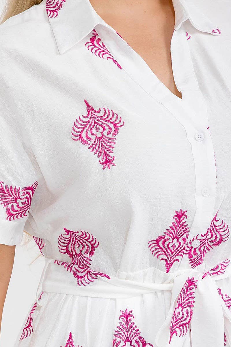 Curvy White w/ Pink Embroidery BUTTON UP SELF TIE MAXI DRESS