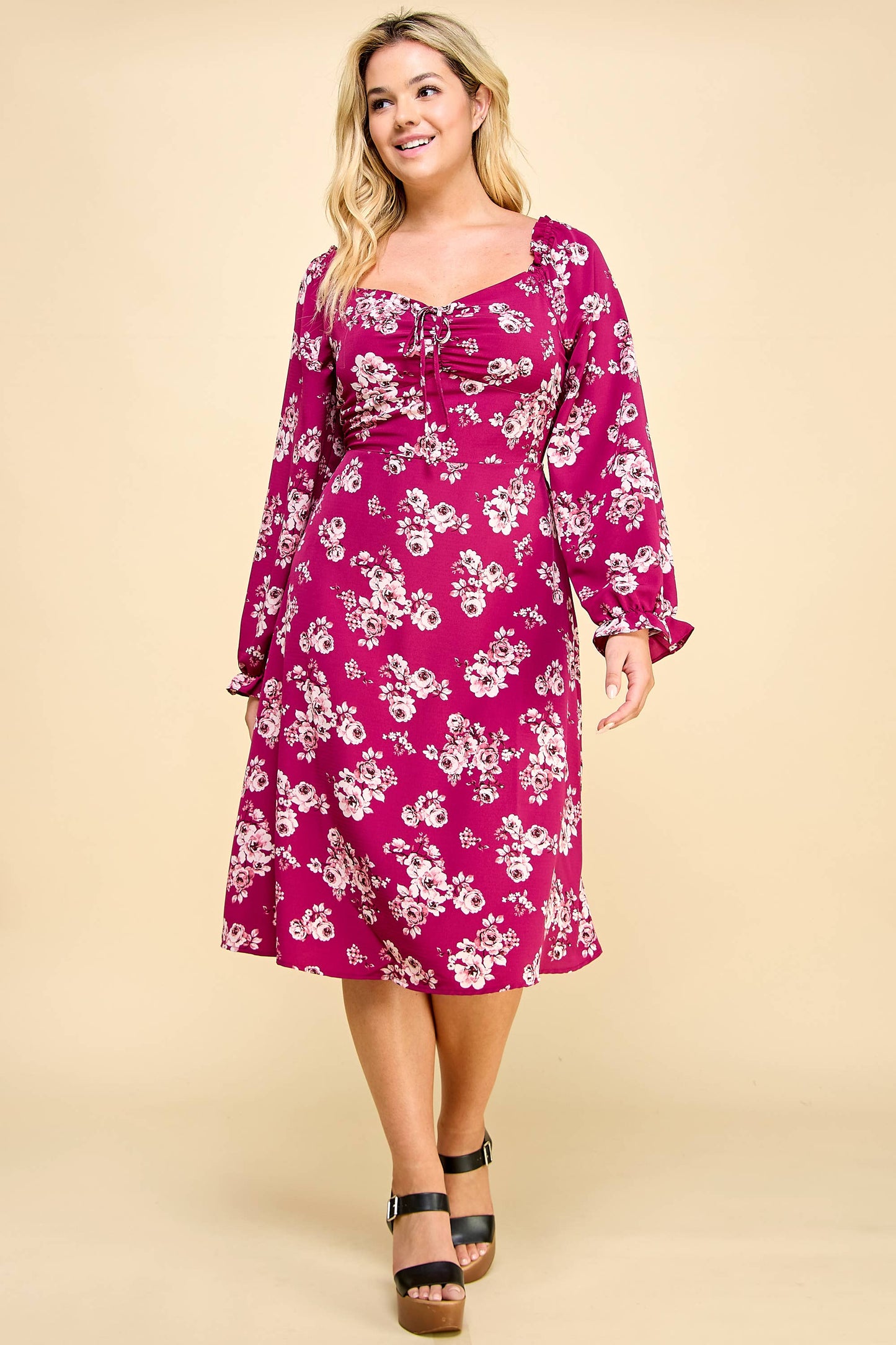 Curvy MAGENTA LONG SLEEVE MIDI CORSET DRESS