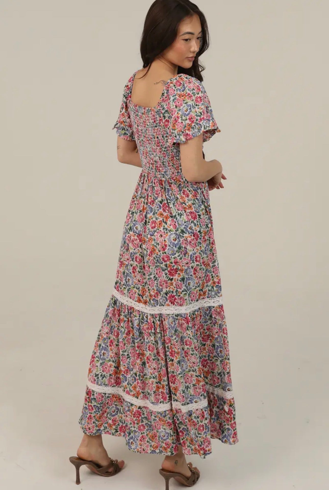Floral Print V-Neck Twist-Front Cut Out Maxi Dress