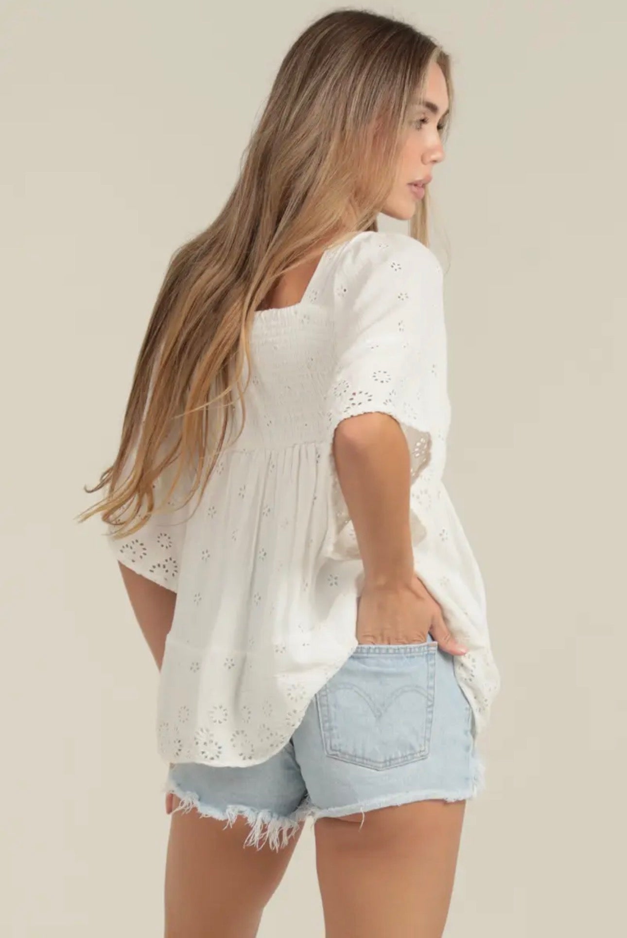 White Eyelet Embroidered Kimono Sleeved Smocked Blouse