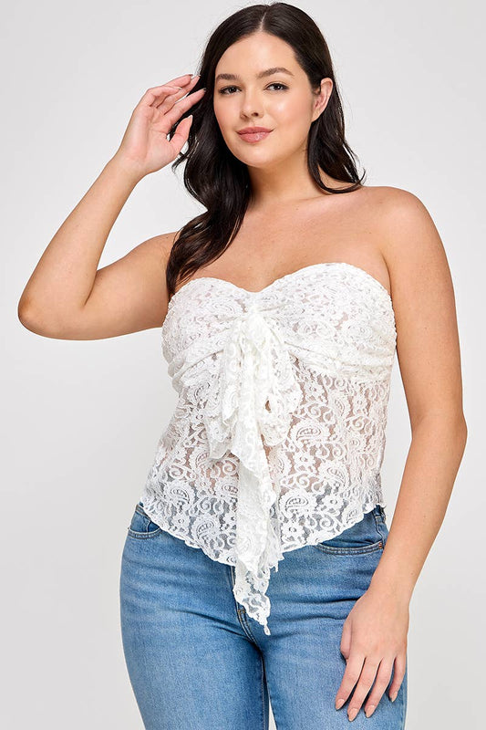 CURVY Whire Strapless Stretch Lace Bow Front Top