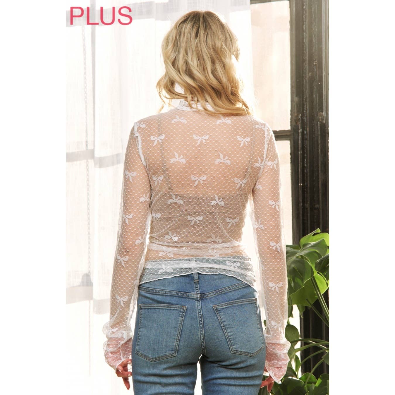 CURVY IVORY MESH BOW+DOTS HIGH NECK DESIGN LONG SLEEVE FITTED T