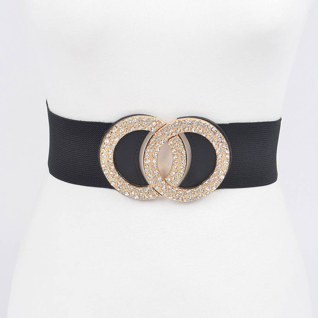 CURVY Black & Gold Rhinestone Buckle Elastic Belt
