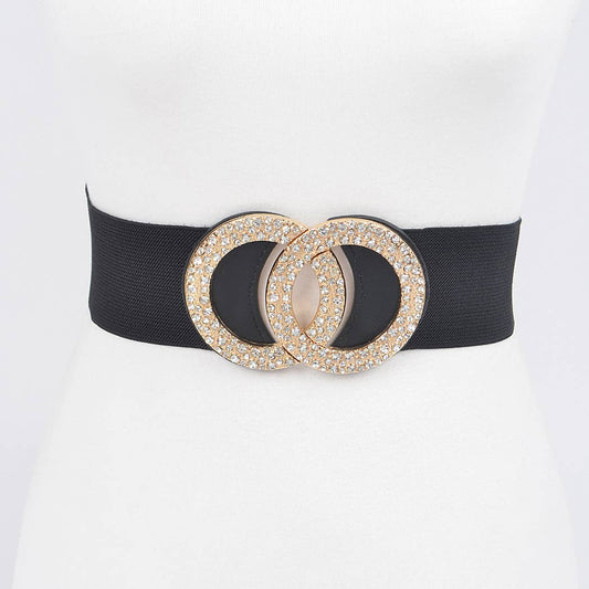 CURVY Black & Gold Rhinestone Buckle Elastic Belt