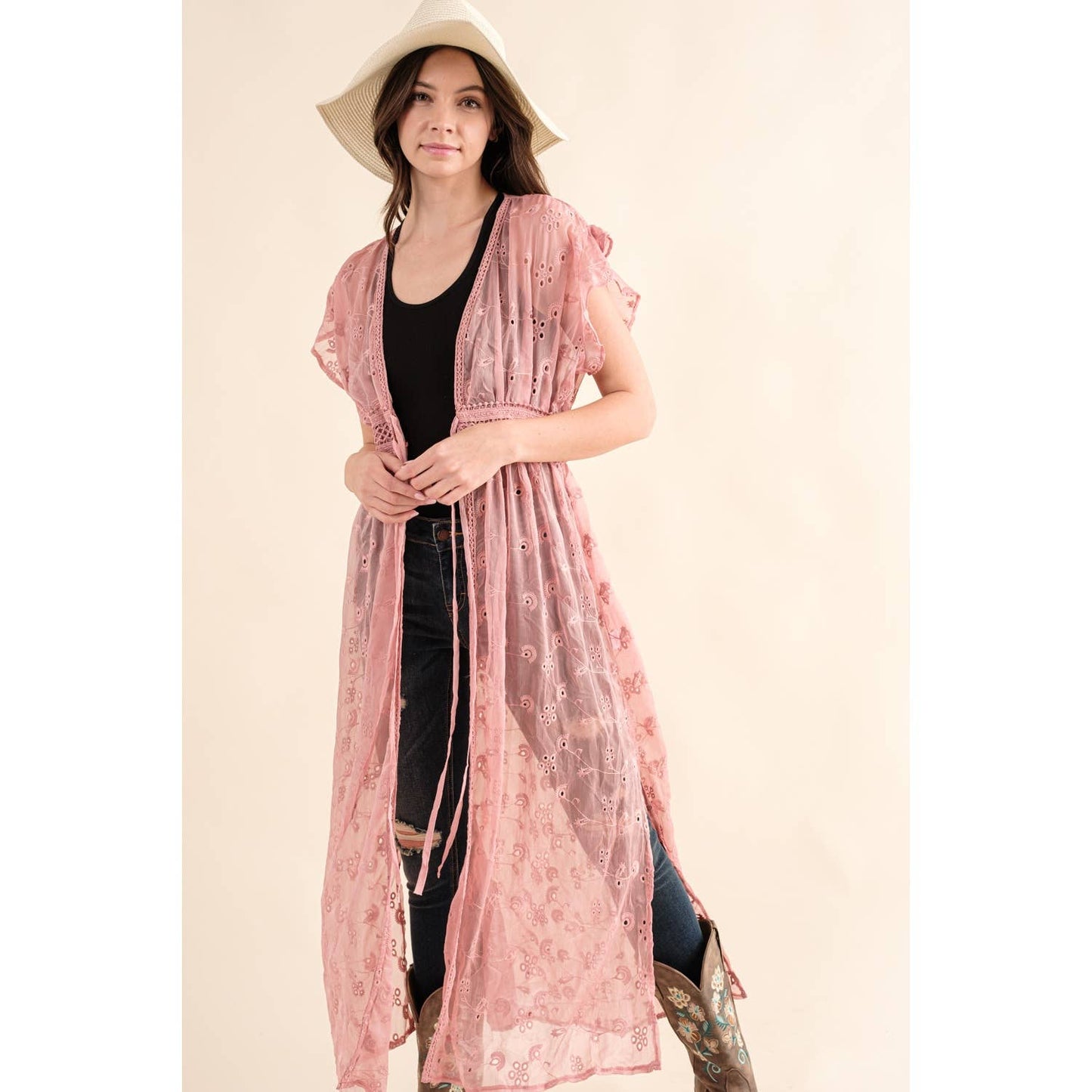 Dusty Pink CHIFFON EMBROIDERED LACE KIMONO DUSTER CARDIGAN