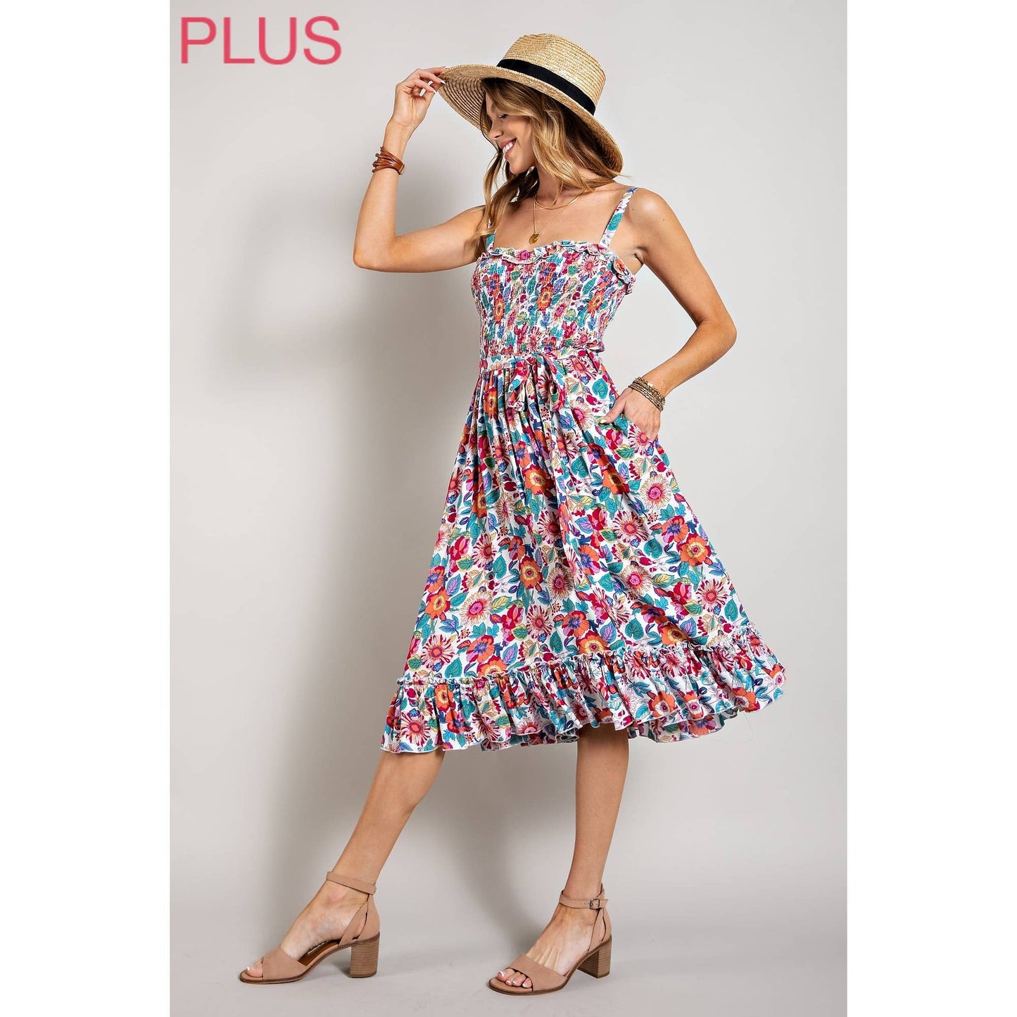 CURVY WHITE + FLORAL SMOCKED TOP TANK MIDI DRESS