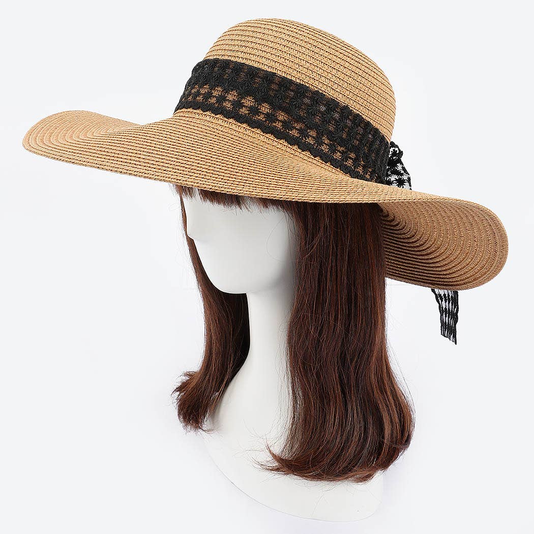 IVORY Faux Straw Wide Brim Hat w/ white band