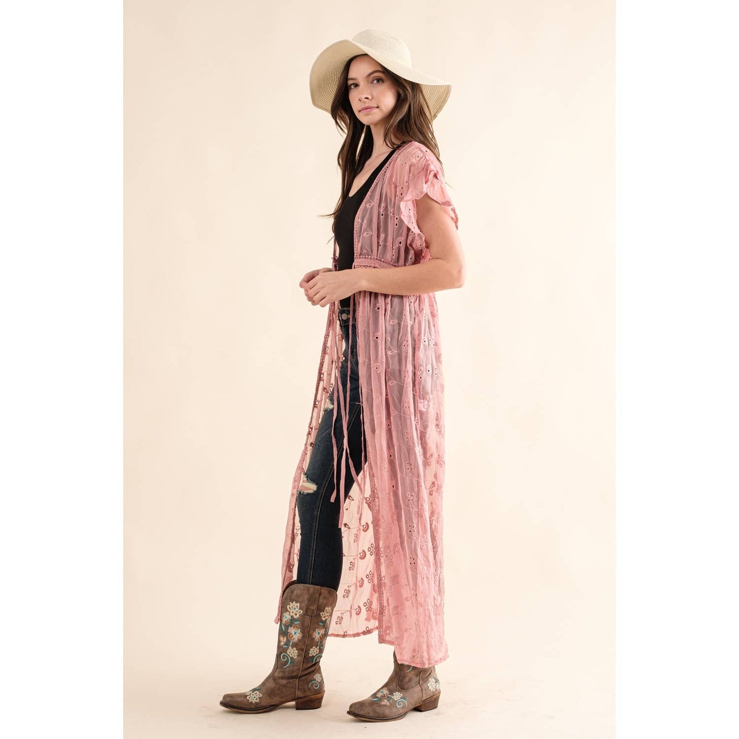 Dusty Pink CHIFFON EMBROIDERED LACE KIMONO DUSTER CARDIGAN