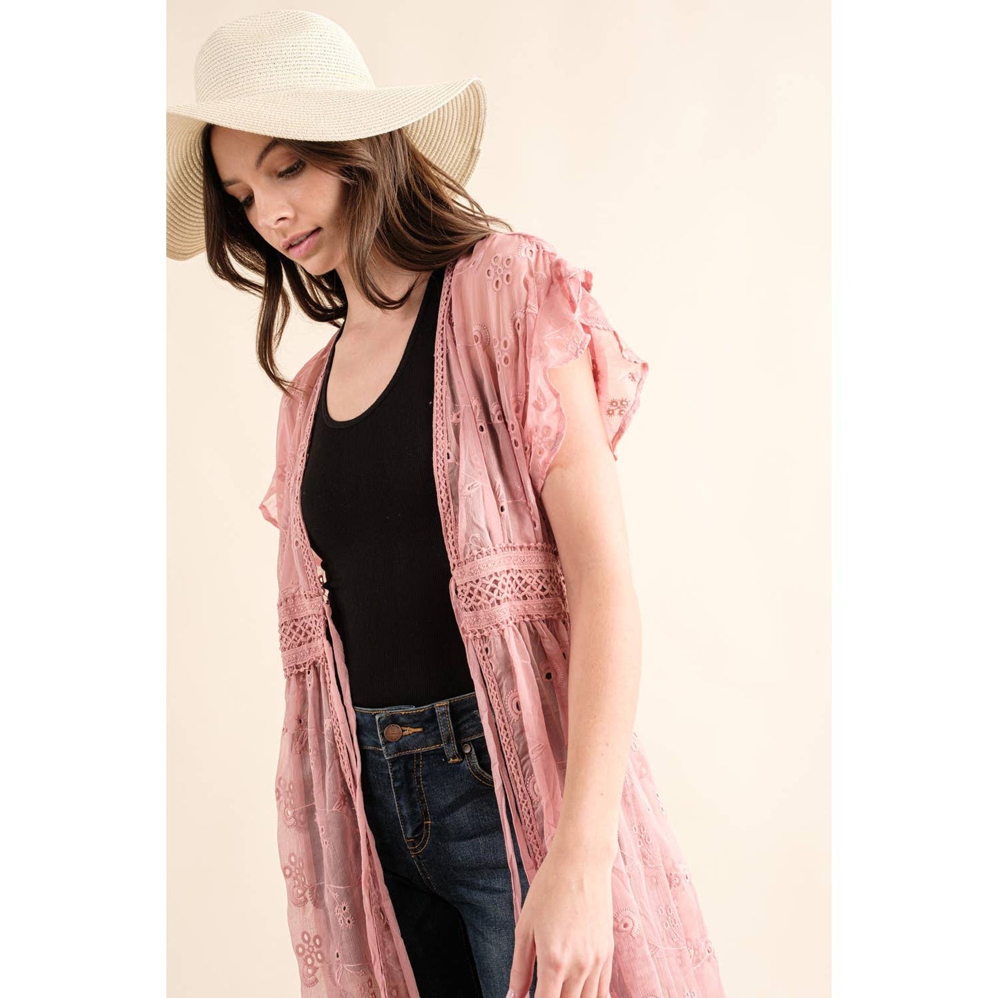 Dusty Pink CHIFFON EMBROIDERED LACE KIMONO DUSTER CARDIGAN