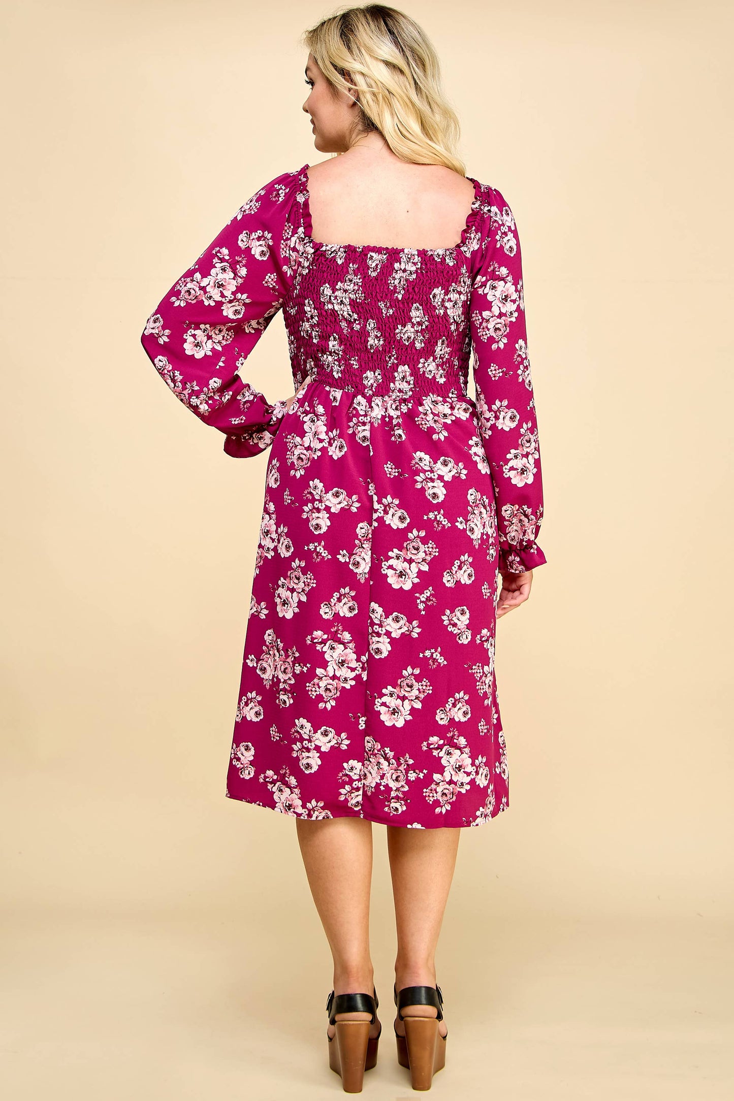 Curvy MAGENTA LONG SLEEVE MIDI CORSET DRESS