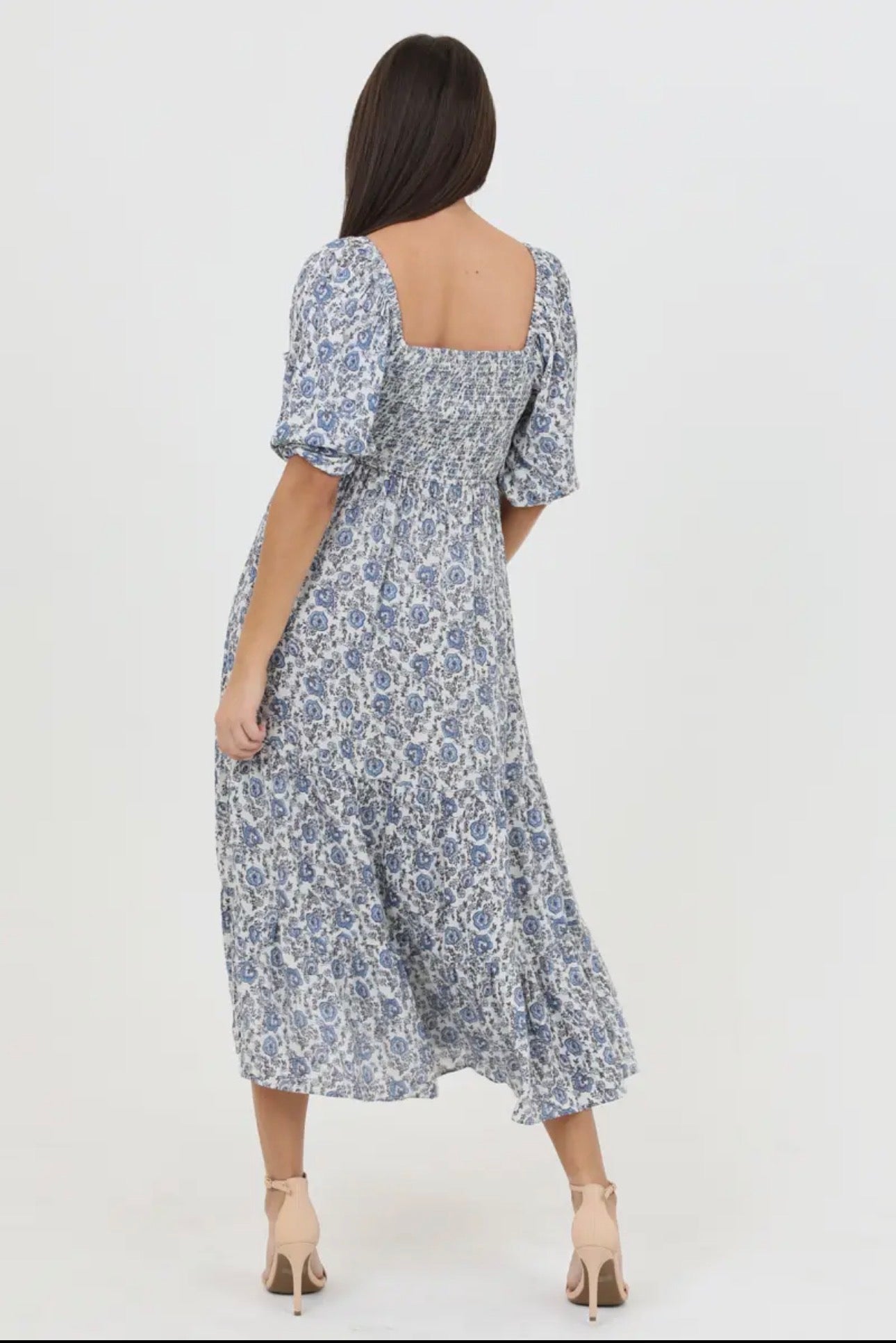 Blue & White Floral Print Smocked Bodice 1/2 Puff-Sleeve Dress