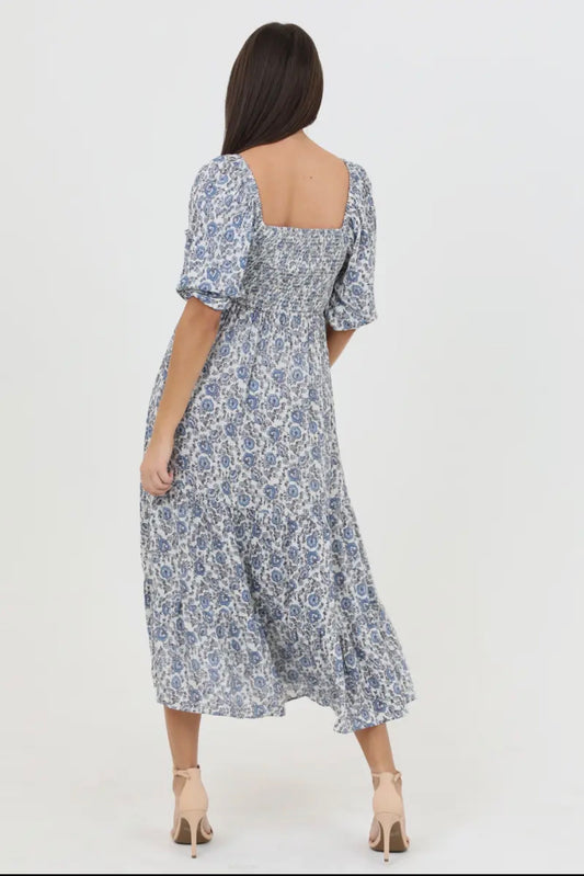 Blue & White Floral Print Smocked Bodice 1/2 Puff-Sleeve Dress
