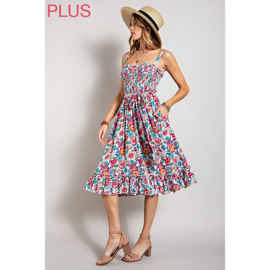 CURVY WHITE + FLORAL SMOCKED TOP TANK MIDI DRESS