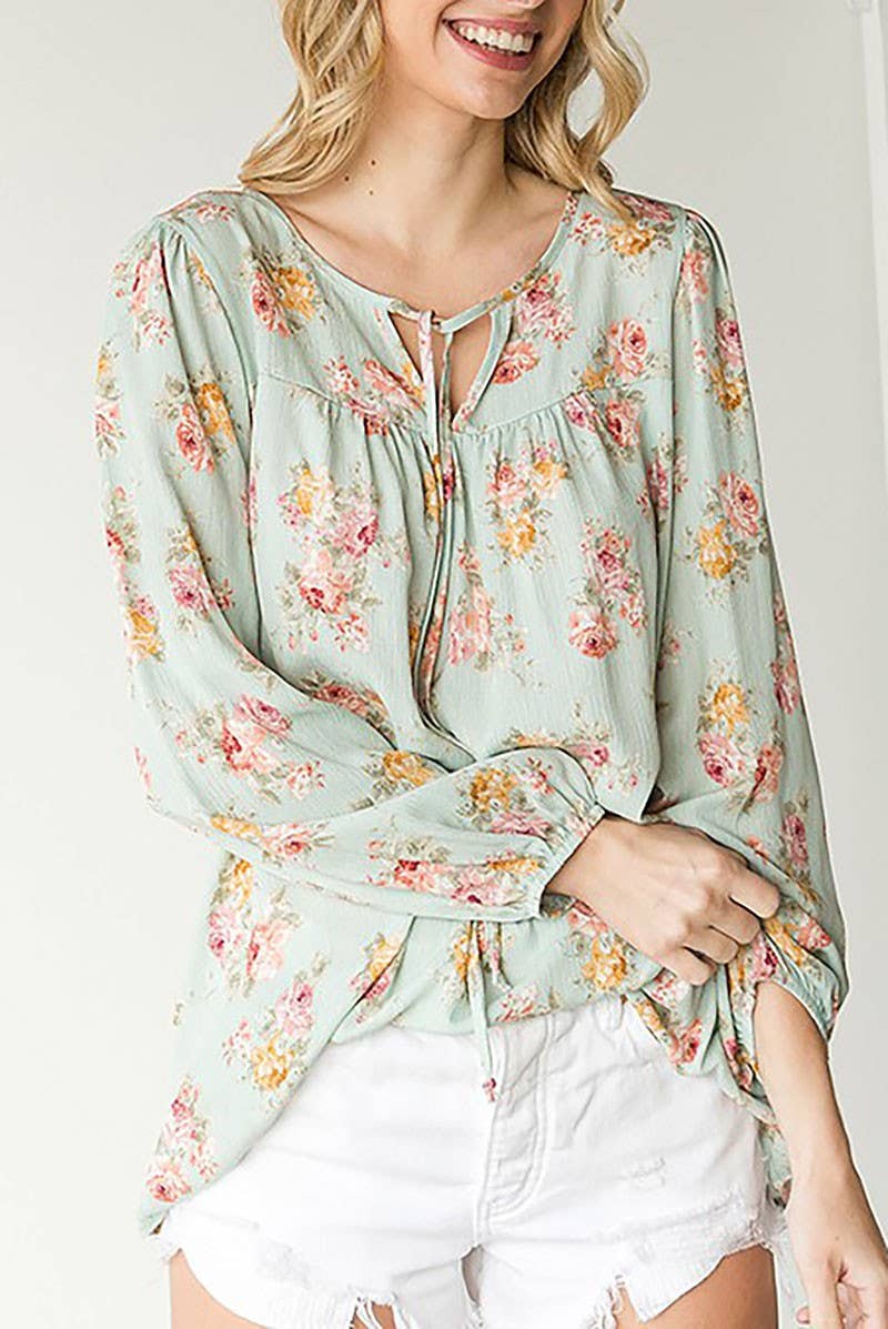 CURVY MINT FLORAL TIE DRAWSTRING ELASTIC CUFF LONG SLEEVE BLOUSE
