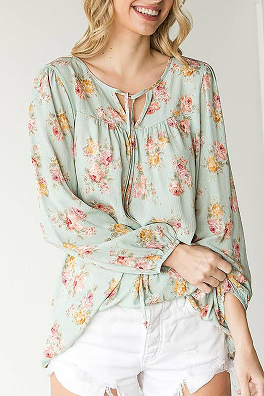 CURVY MINT FLORAL TIE DRAWSTRING ELASTIC CUFF LONG SLEEVE BLOUSE