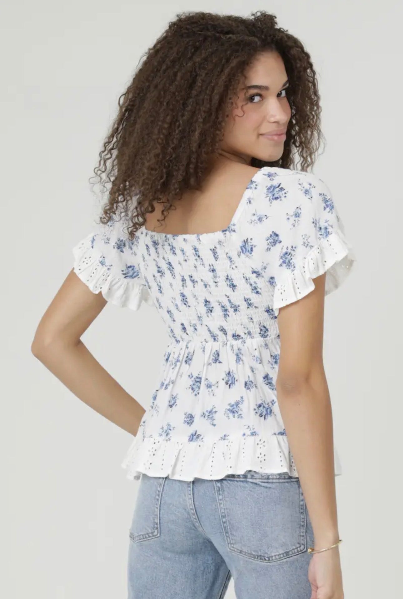 White & Blue Floral Embroidered Eyelet Ruffle Twist-Front Top