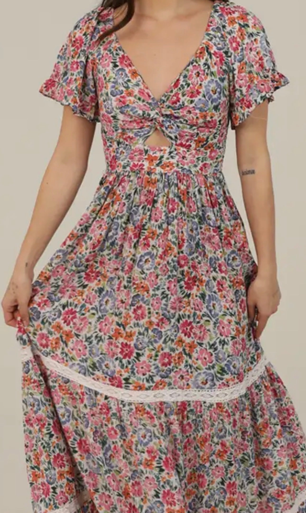 Floral Print V-Neck Twist-Front Cut Out Maxi Dress