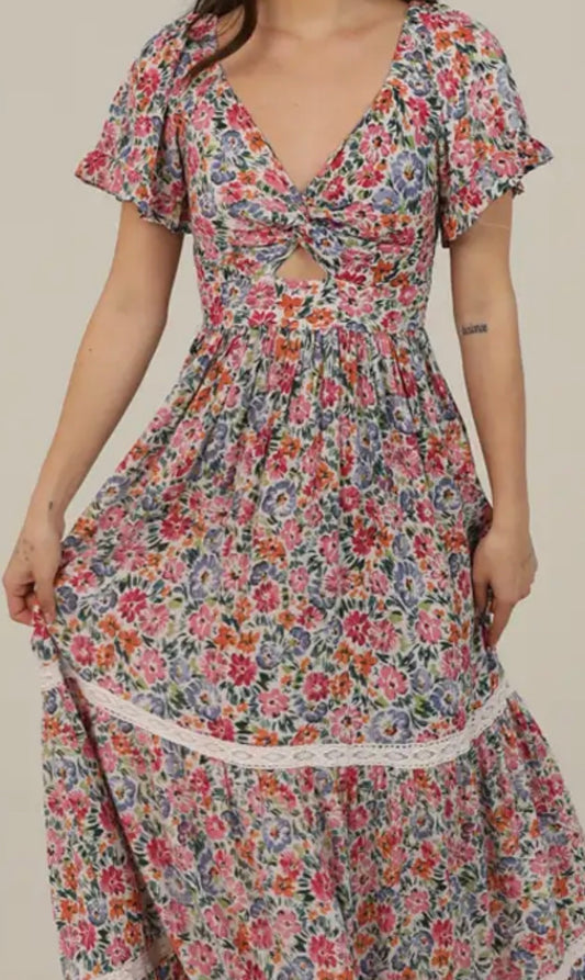 Floral Print V-Neck Twist-Front Cut Out Maxi Dress