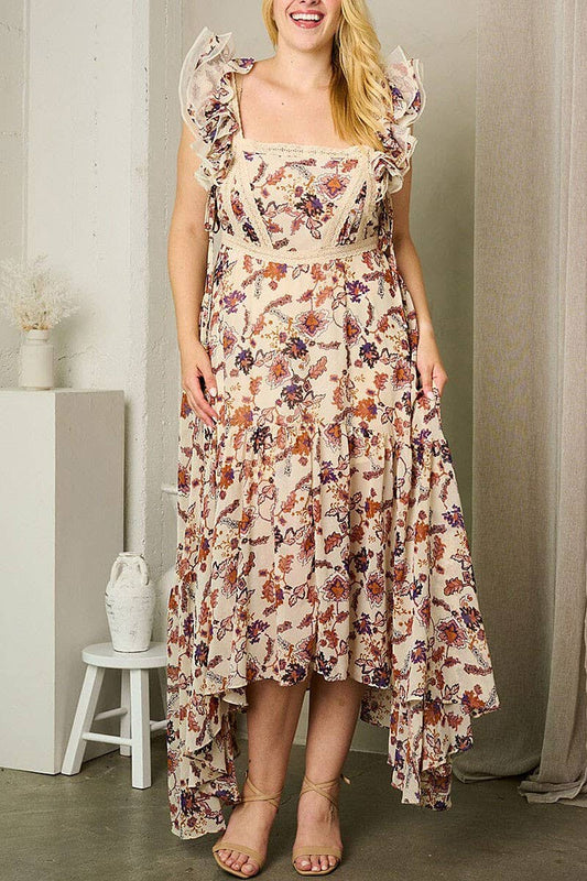 Curvy Tan Floral SLEEVELESS RUFFLE SQUARE NECK FLORAL MAXI DRESS