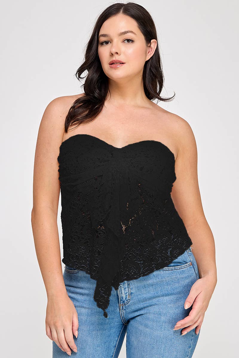 CURVY Whire Strapless Stretch Lace Bow Front Top