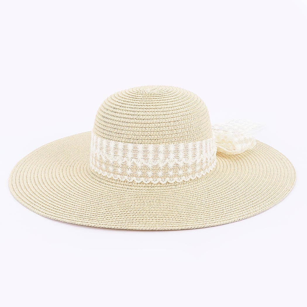 IVORY Faux Straw Wide Brim Hat w/ white band