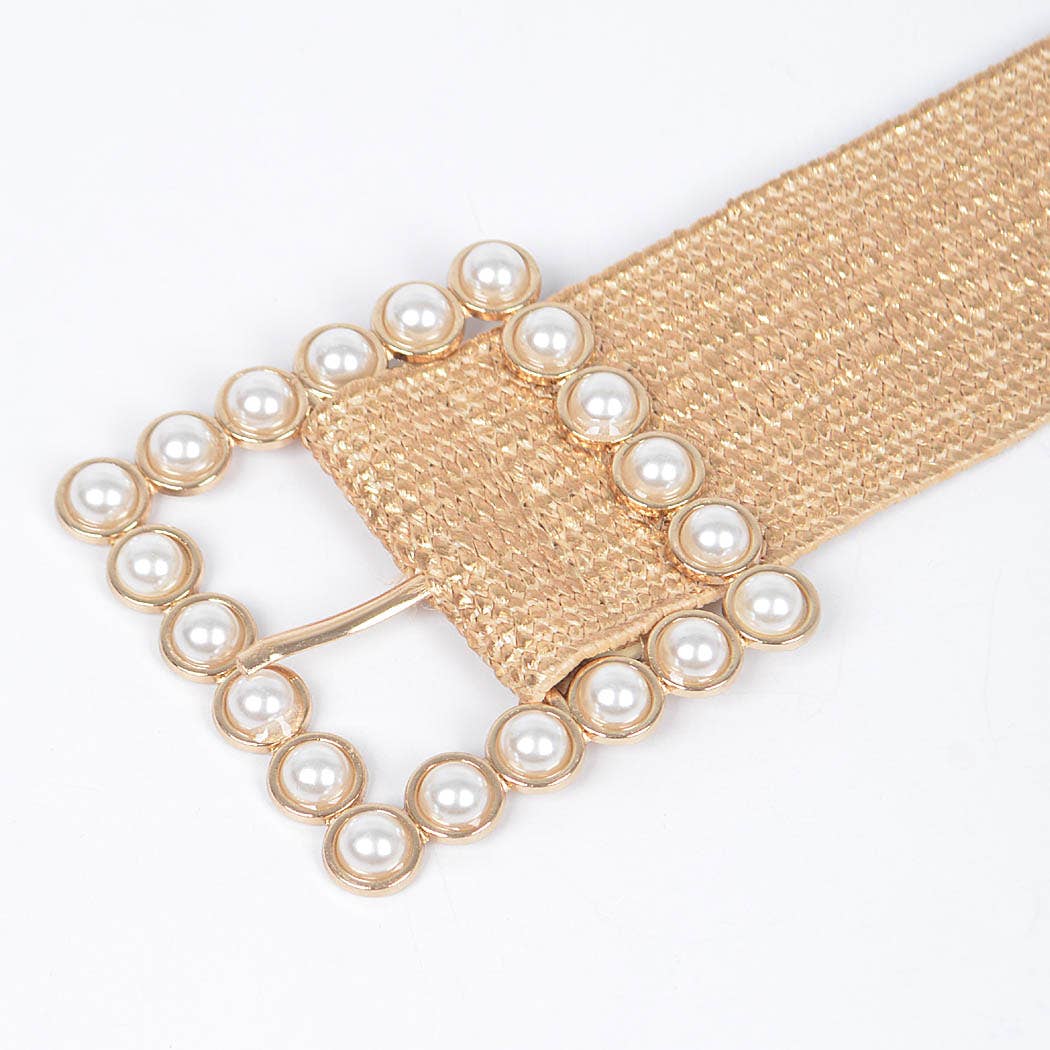 Natural & Gold Wide Pearl Buckle Elastic Belt