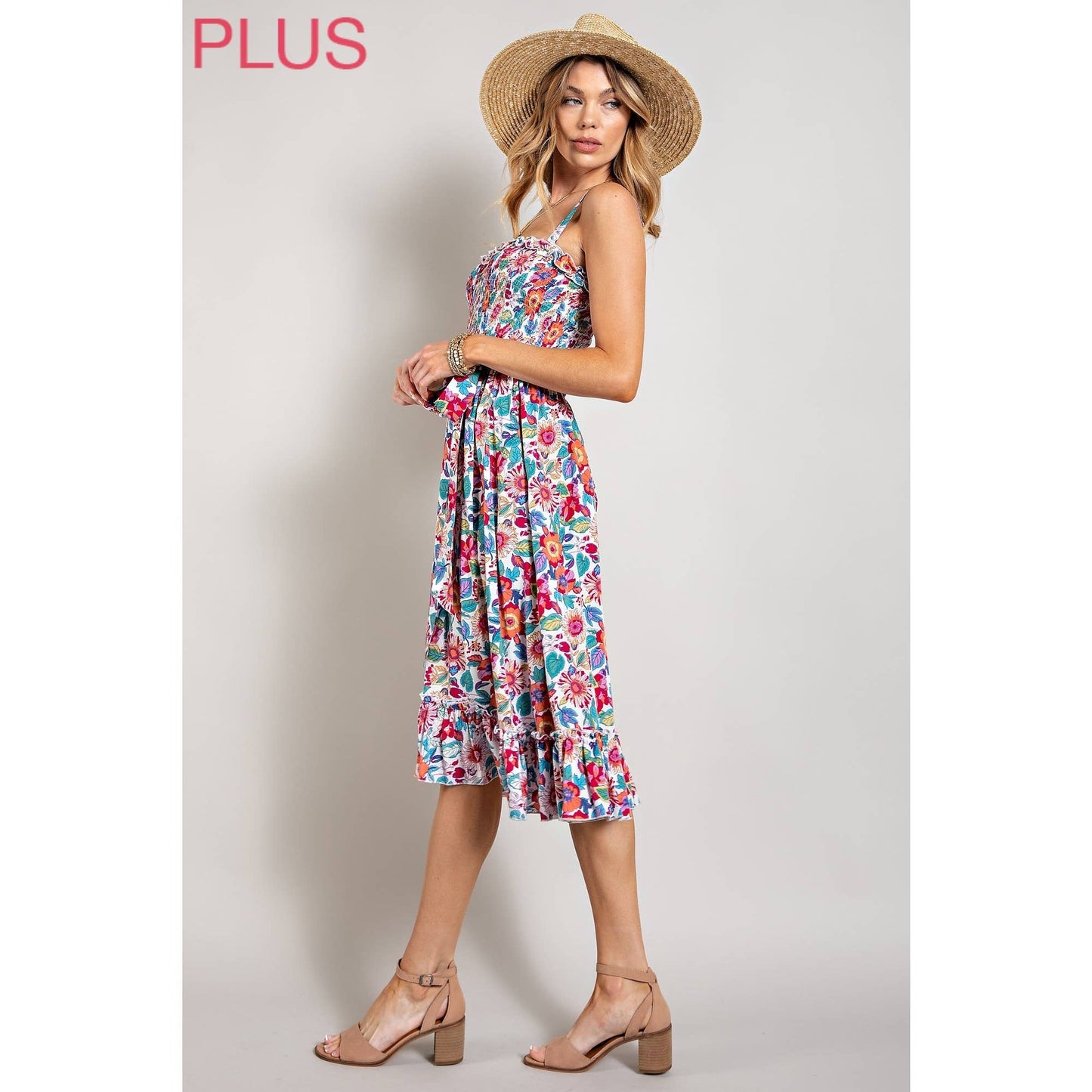 CURVY WHITE + FLORAL SMOCKED TOP TANK MIDI DRESS