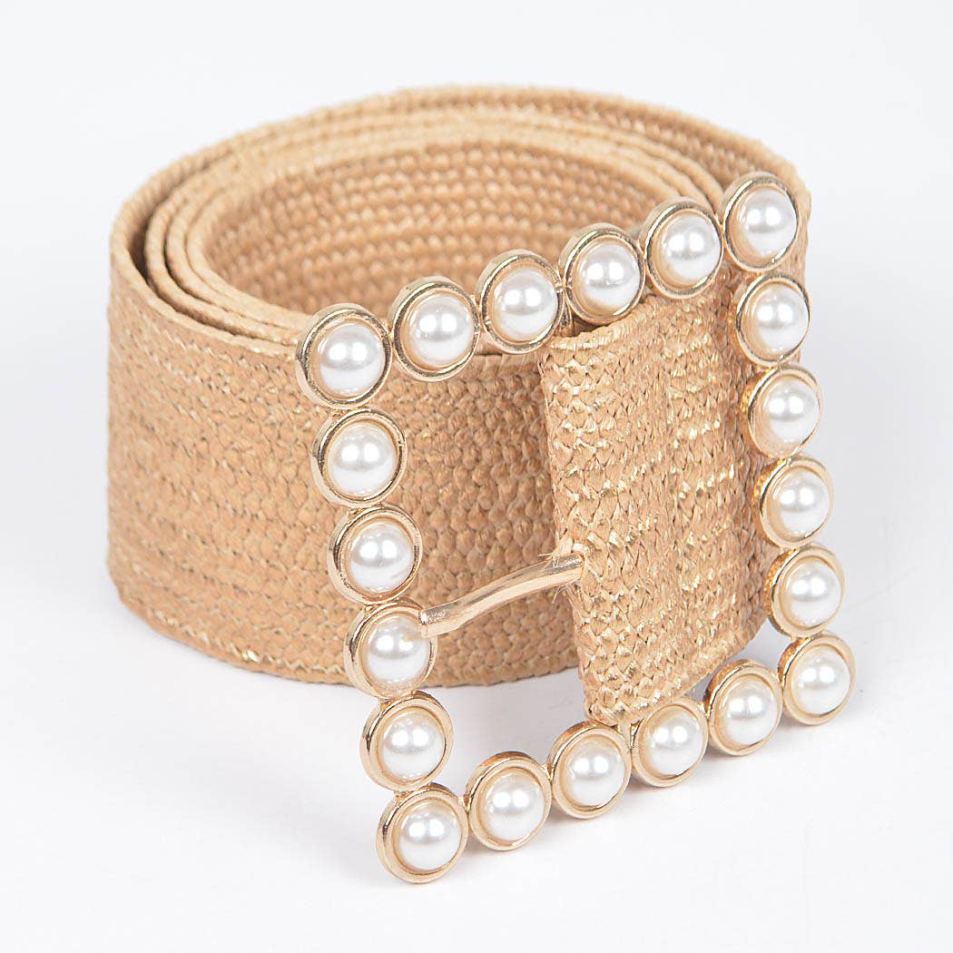 Natural & Gold Wide Pearl Buckle Elastic Belt