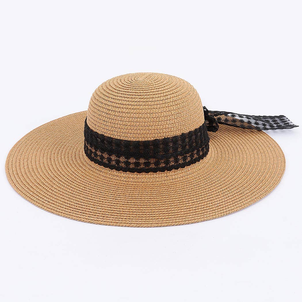 IVORY Faux Straw Wide Brim Hat w/ white band