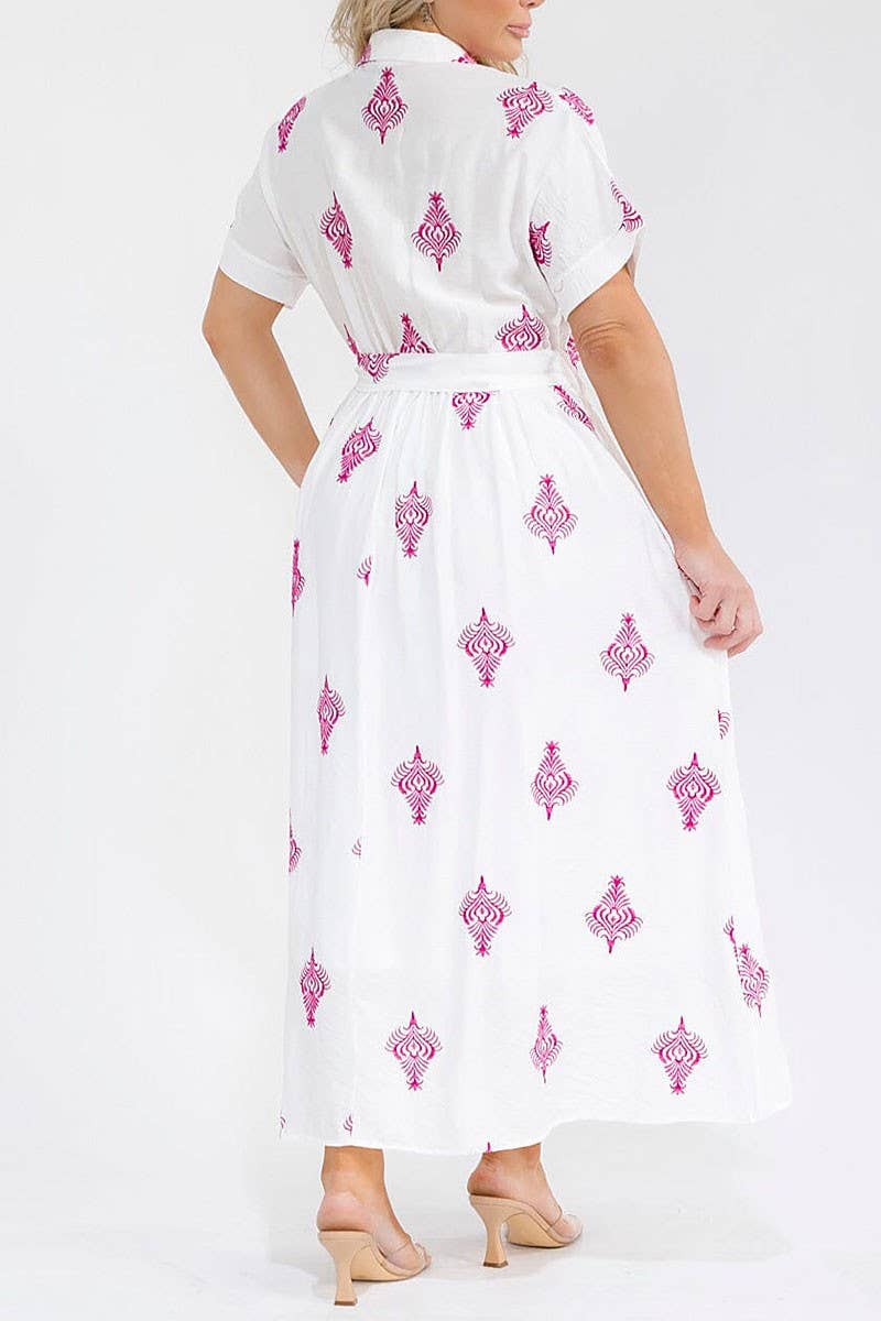 Curvy White w/ Pink Embroidery BUTTON UP SELF TIE MAXI DRESS