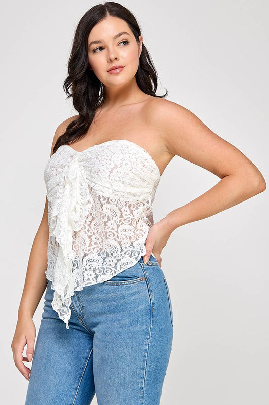 CURVY Whire Strapless Stretch Lace Bow Front Top