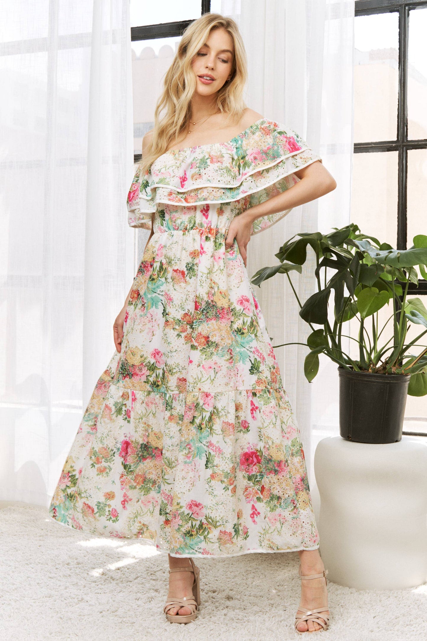 CURVY- CREAM FLORAL PRINT OFF-SHOULDER EYELET MIDI DRESS
