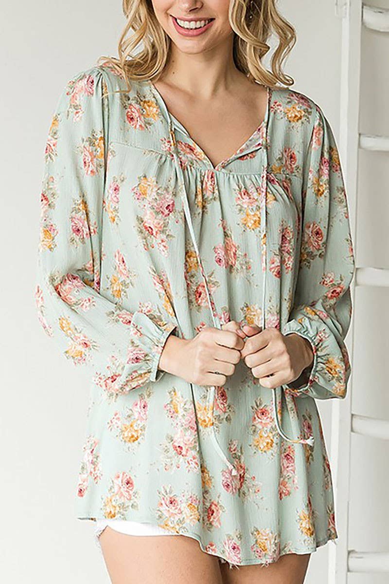 CURVY MINT FLORAL TIE DRAWSTRING ELASTIC CUFF LONG SLEEVE BLOUSE