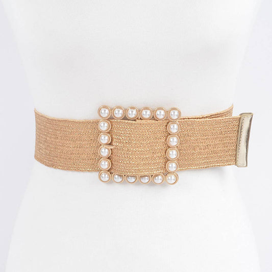 Natural & Gold Wide Pearl Buckle Elastic Belt