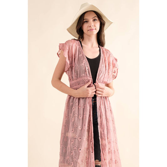 Dusty Pink CHIFFON EMBROIDERED LACE KIMONO DUSTER CARDIGAN