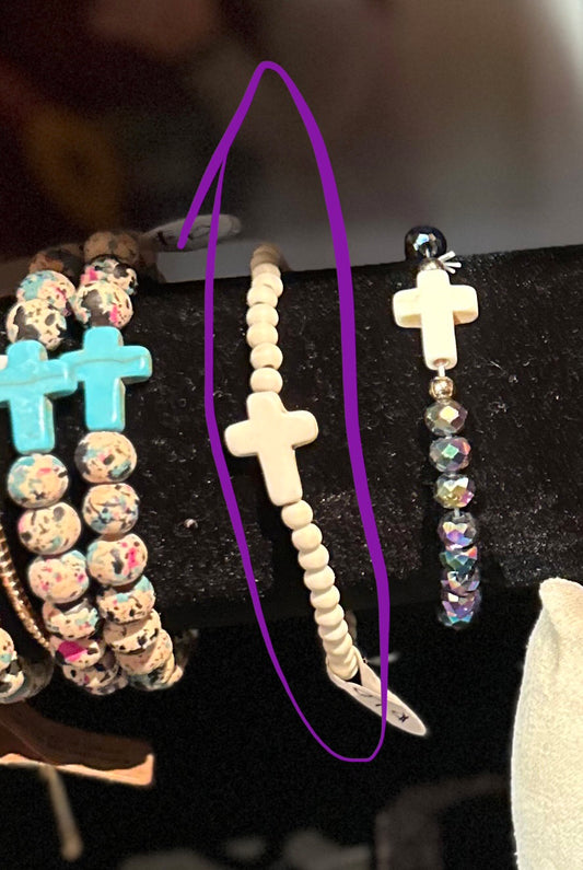 Ivory Cross Wood Bead Bracelet