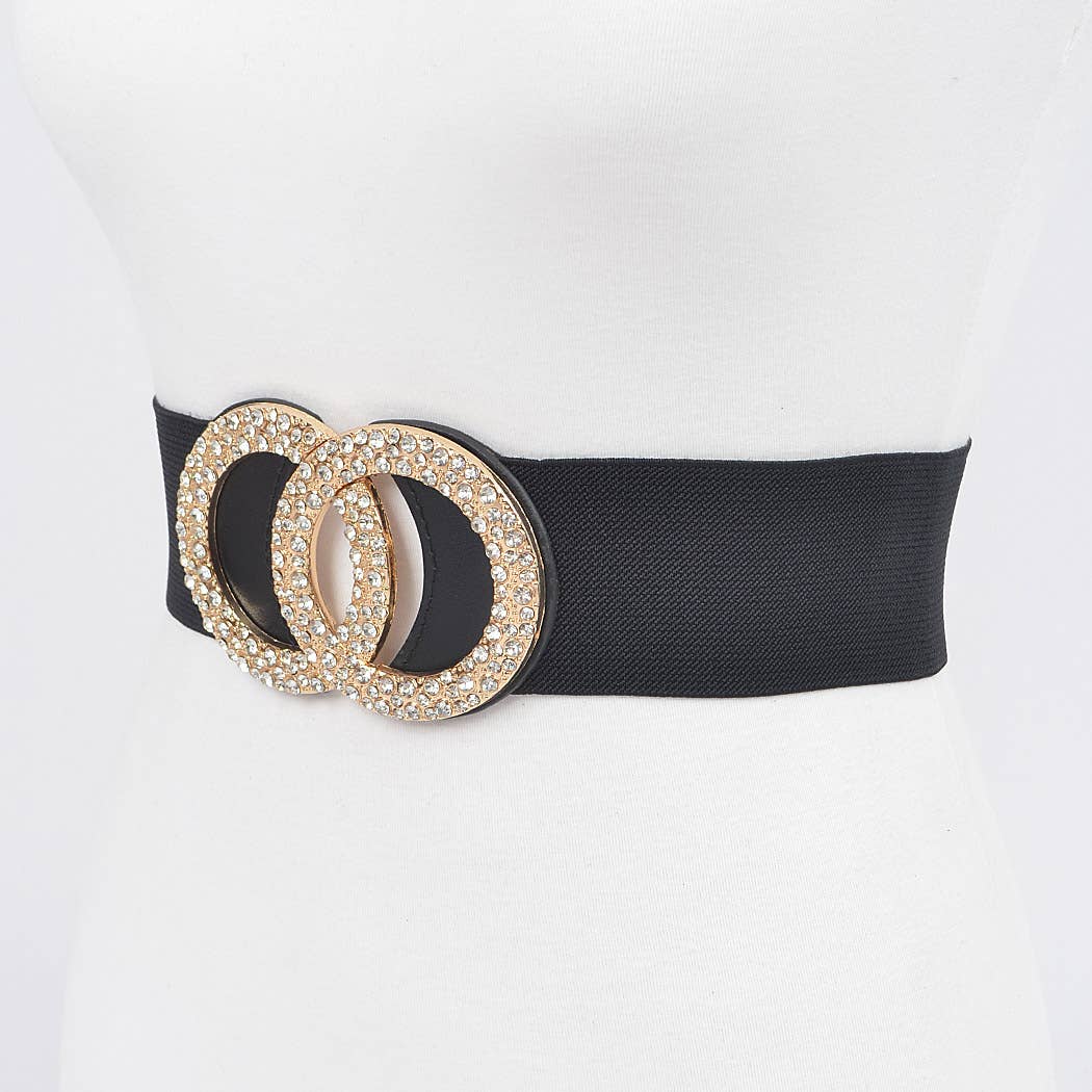 CURVY Black & Gold Rhinestone Buckle Elastic Belt