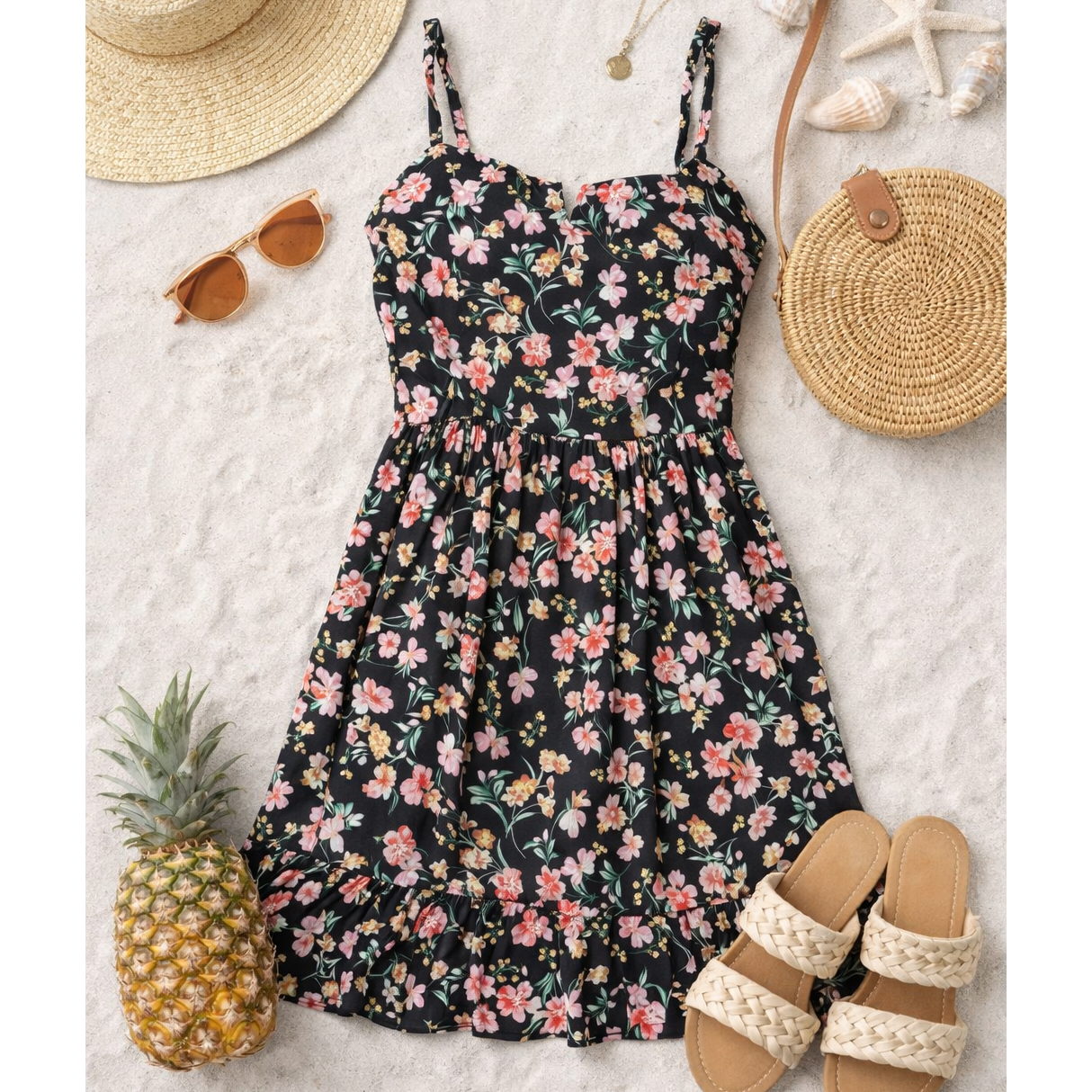 Curvy BLACK FLORAL FIT AND FLARE TIE SHOULDER DRESS