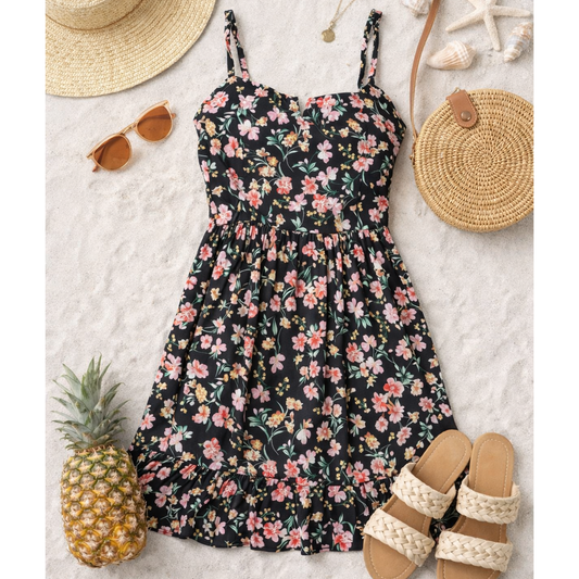 Curvy BLACK FLORAL FIT AND FLARE TIE SHOULDER DRESS