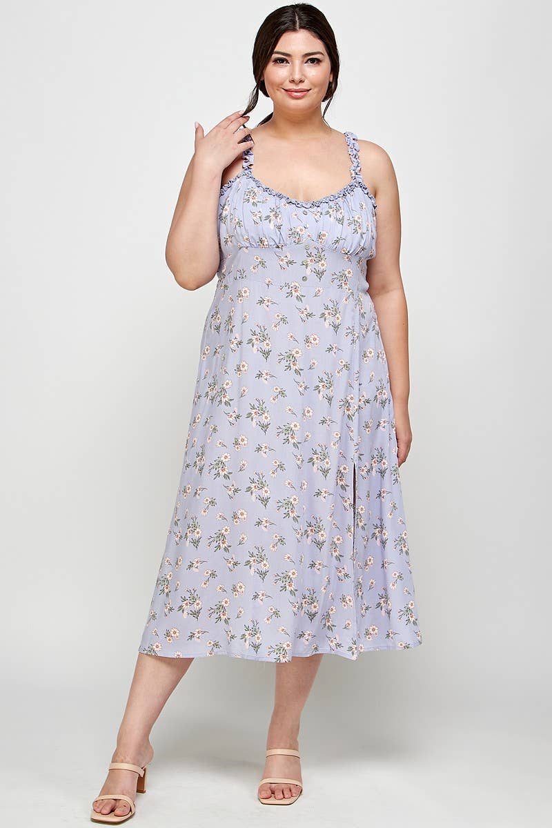 CURVY Lavender Floral Ruffle Strap Midi Dress