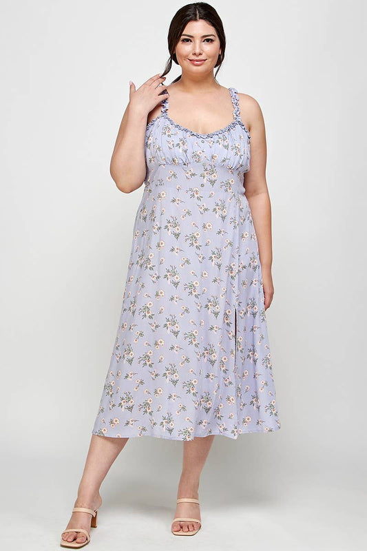 CURVY Lavender Floral Ruffle Strap Midi Dress