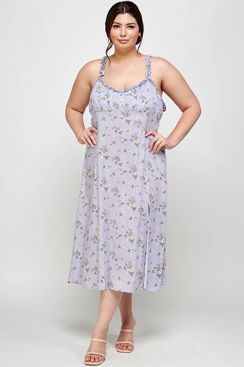 CURVY Lavender Floral Ruffle Strap Midi Dress