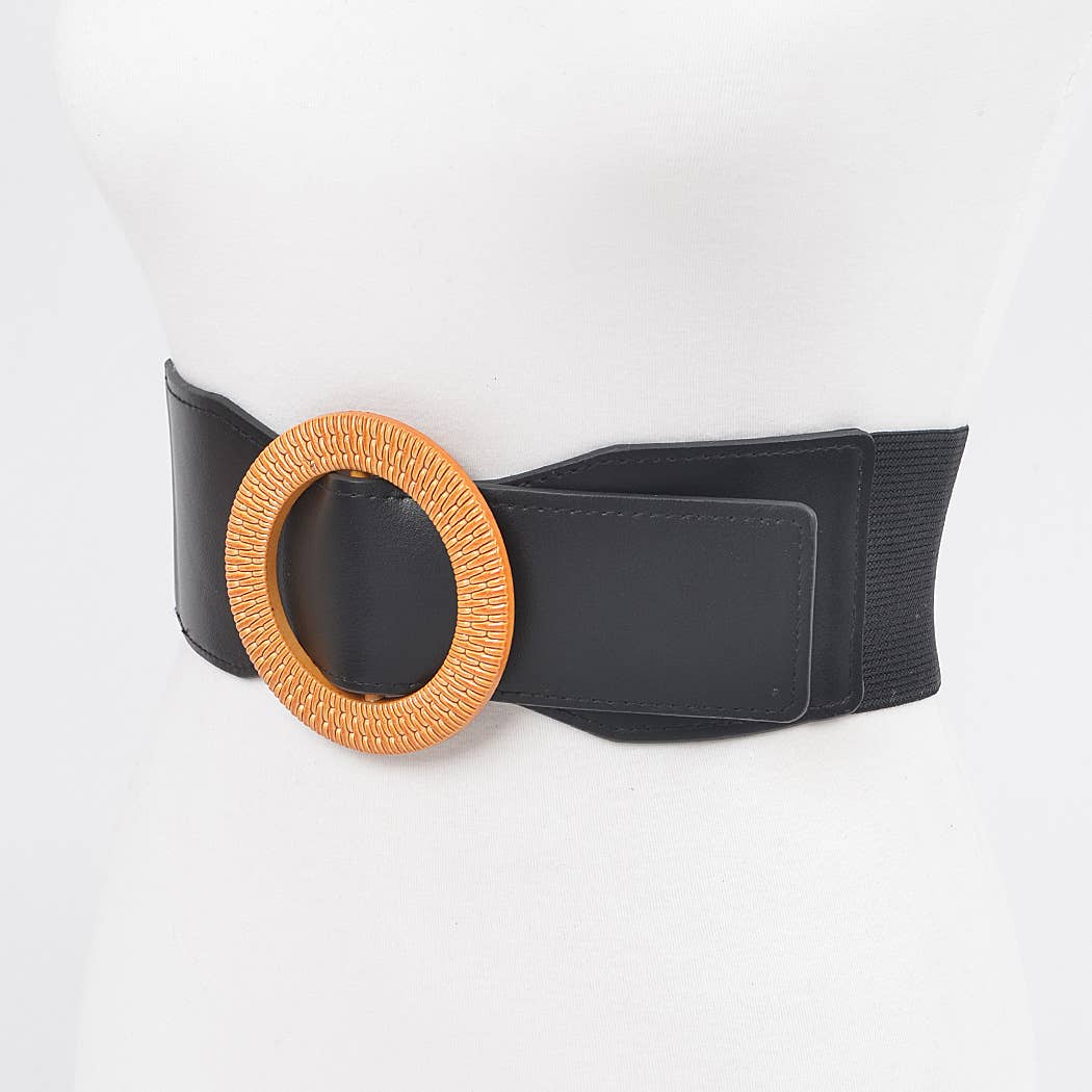 CURVY- Black & Tan Oversized Round Buckle Belt